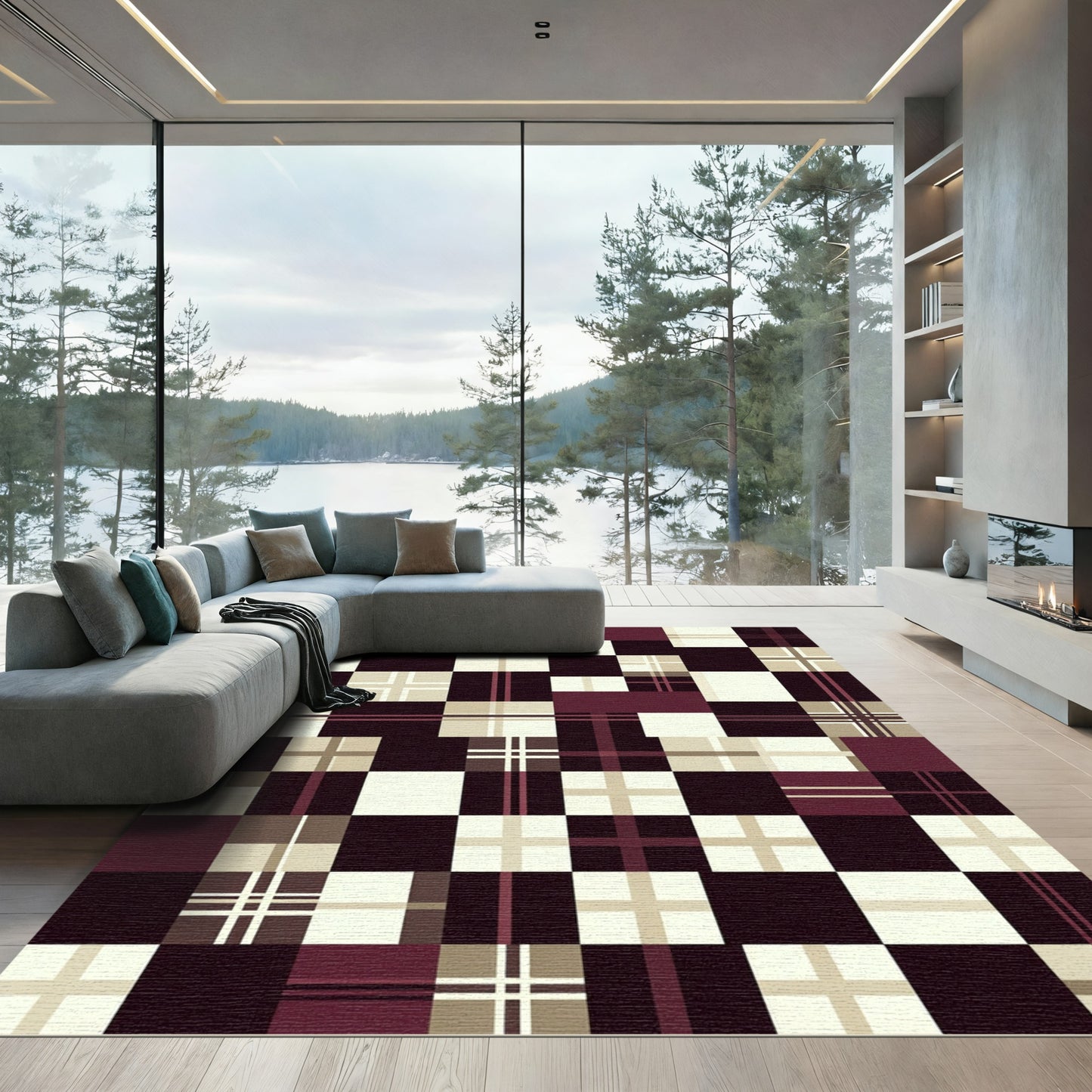 Burgundy Cream Grid Plaid Checked Rug