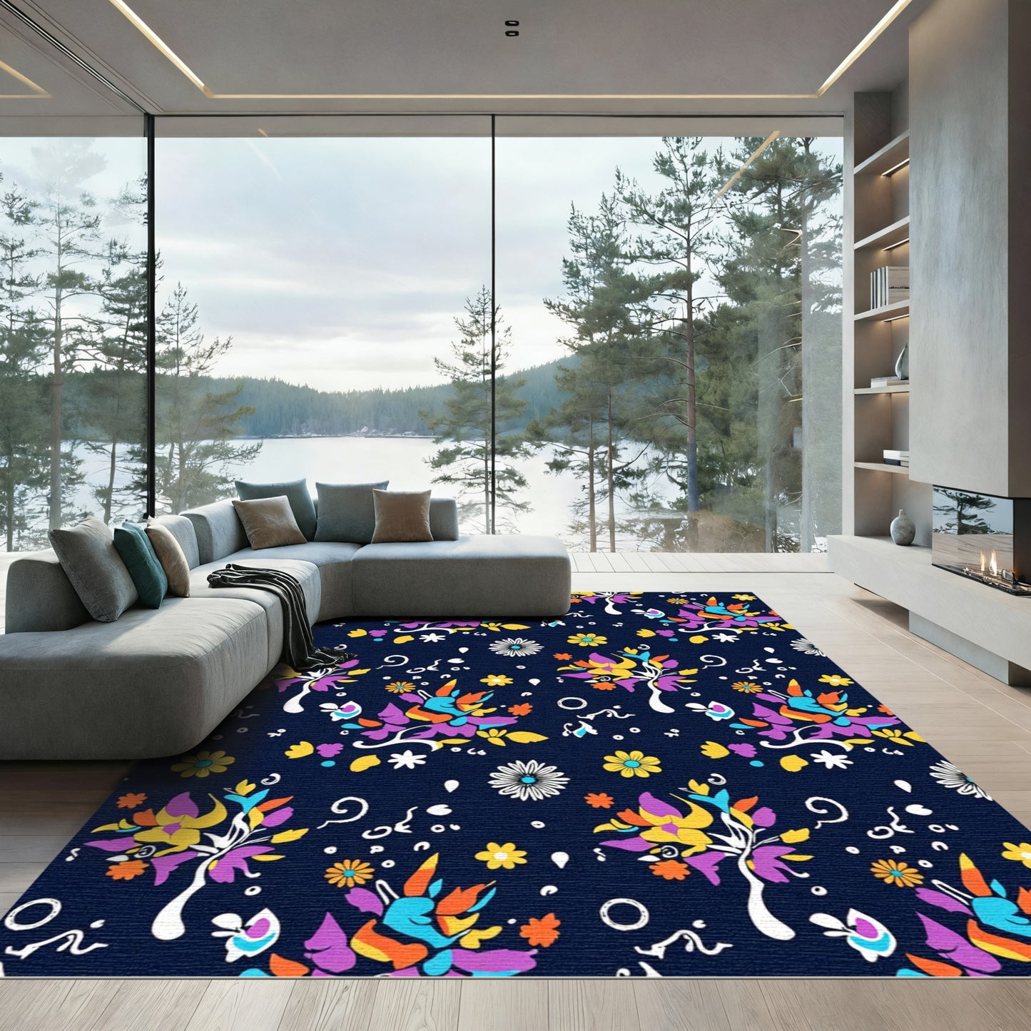 Whimsical Colorful Floral Tree Dark Rug