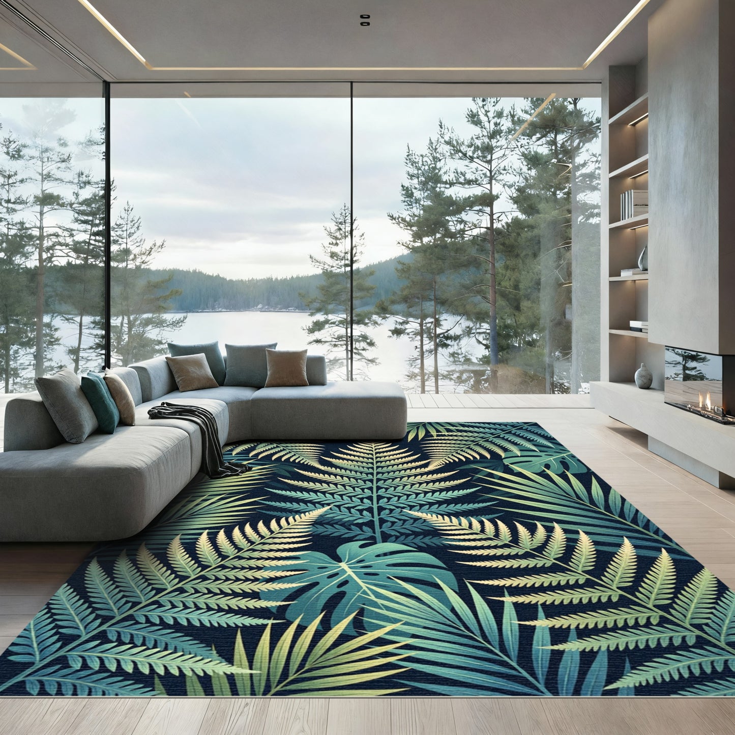 Teal Emerald Fern Leaf Pattern Rug
