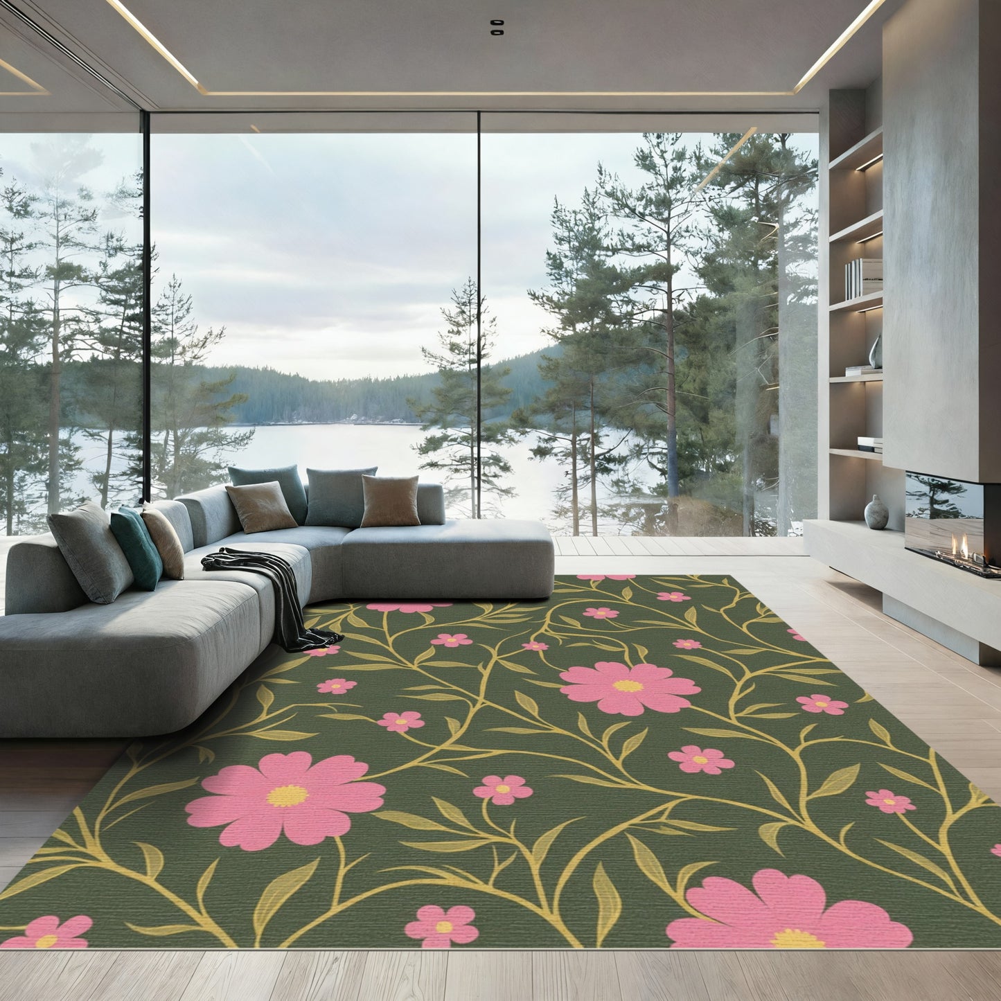 Pink Floral Vine Artwork Rug