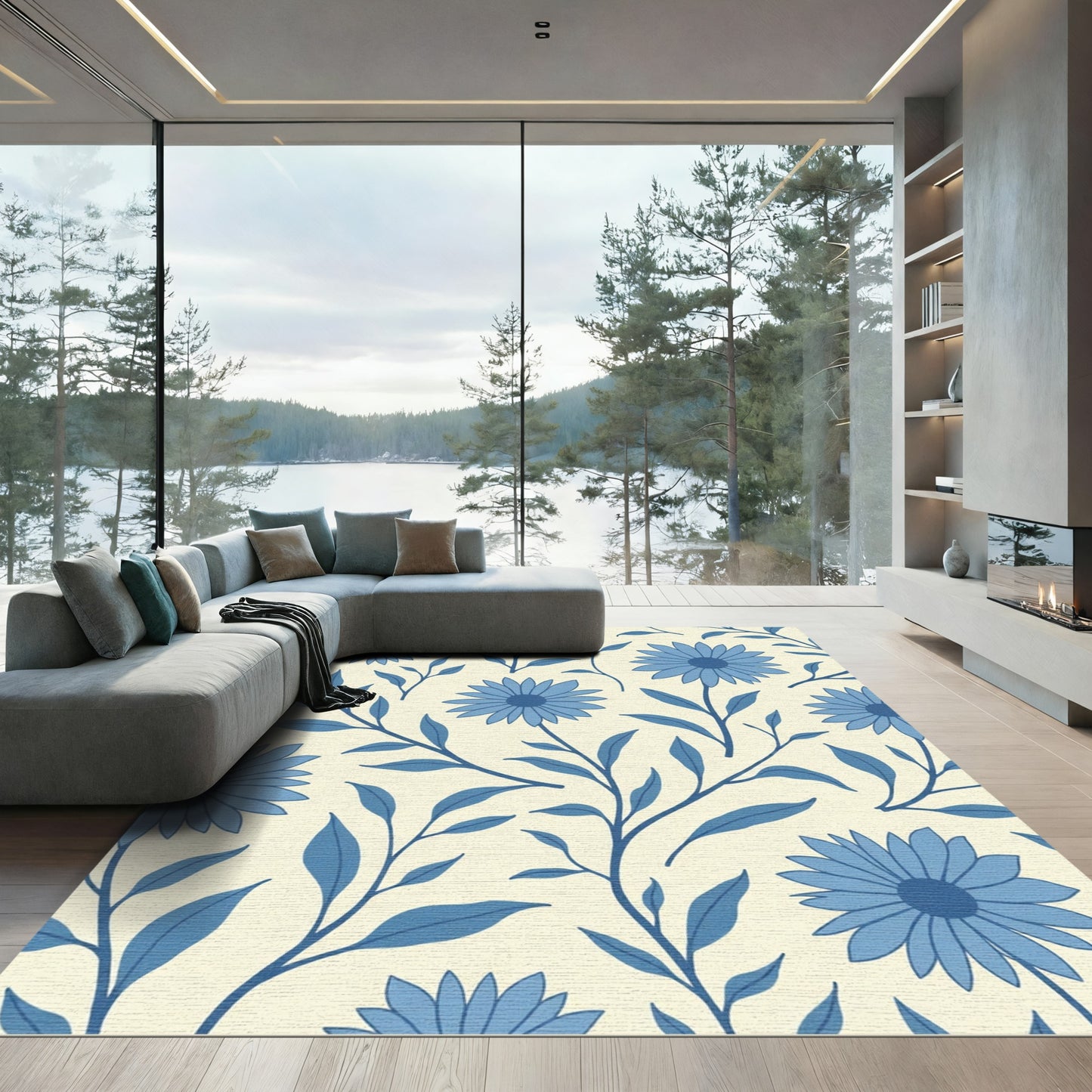 Blue Floral Vine Arrangement Rug