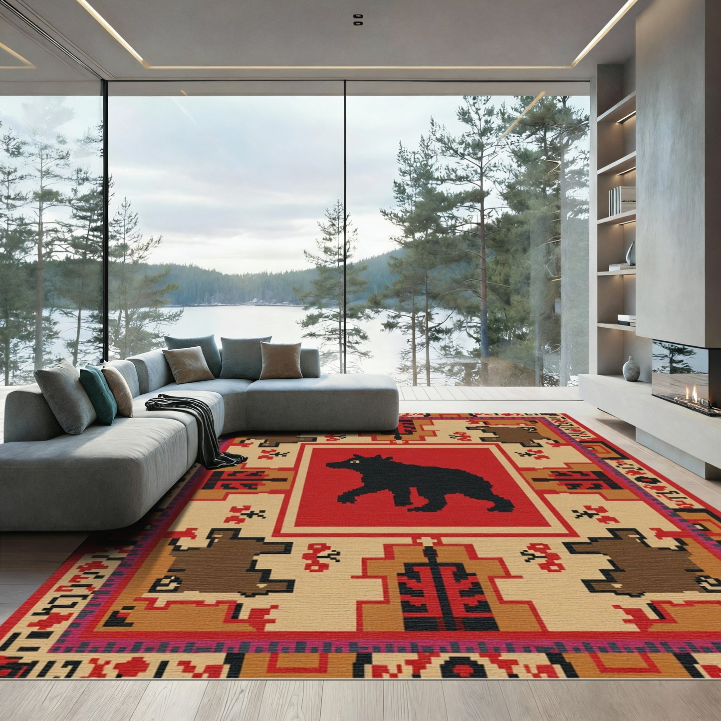 Bold Black Bear Red Geometric Rug