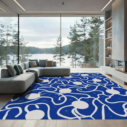 Abstract Blue White Botanical Flow Rug