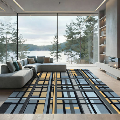 Geometric Grid Abstract Mustard Blue Rug
