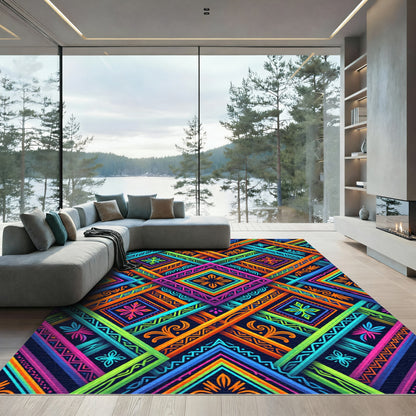 Vibrant Neon Geometric Kaleidoscope Interlocking Square Rug