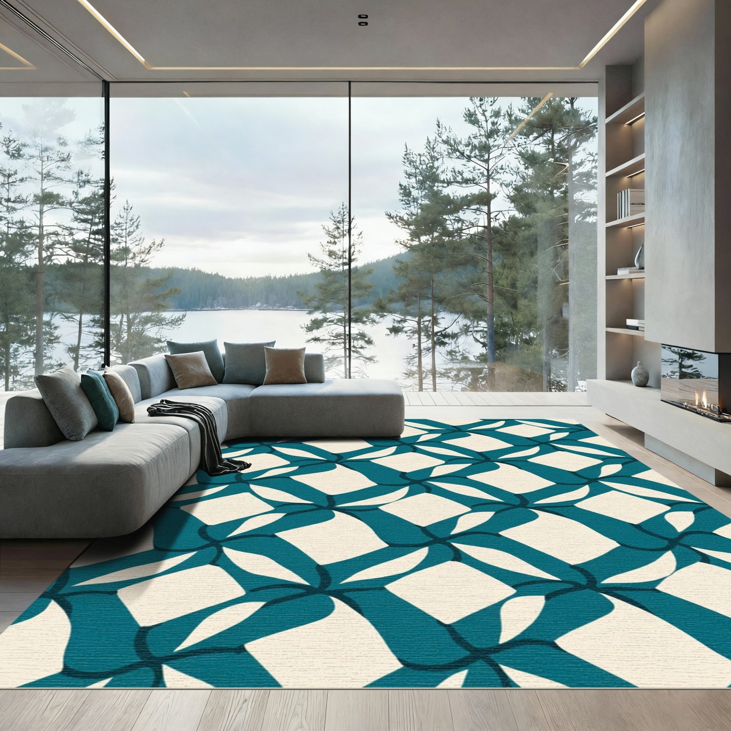 Teal Cream Abstract Interlocking Shapes Rug