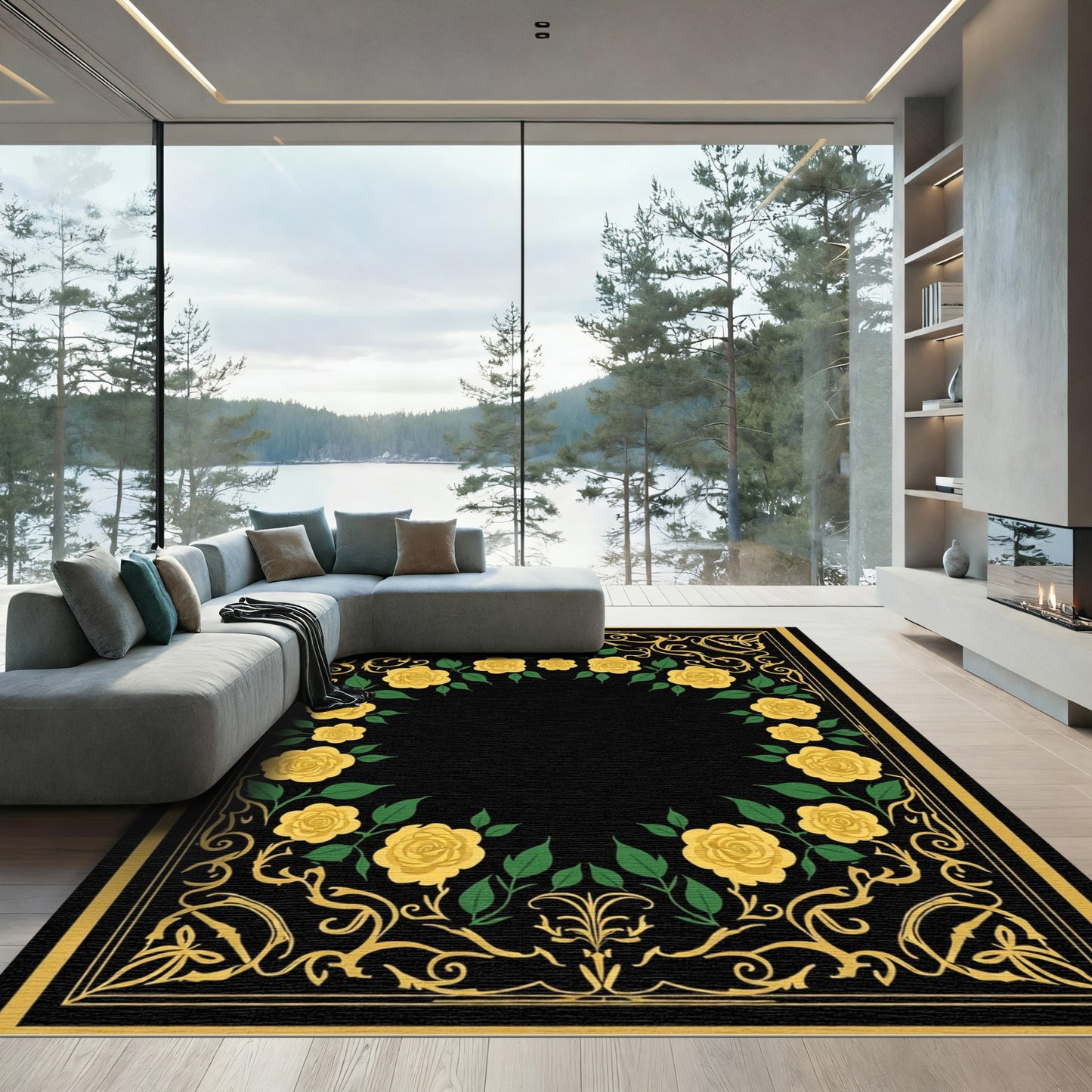 Golden Yellow Rose Garden Border Rug