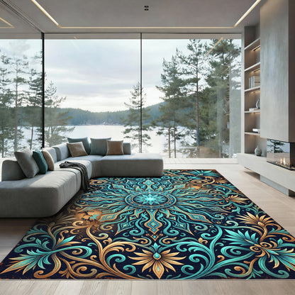 Grand Teal Gold Ornate Medallion Rug