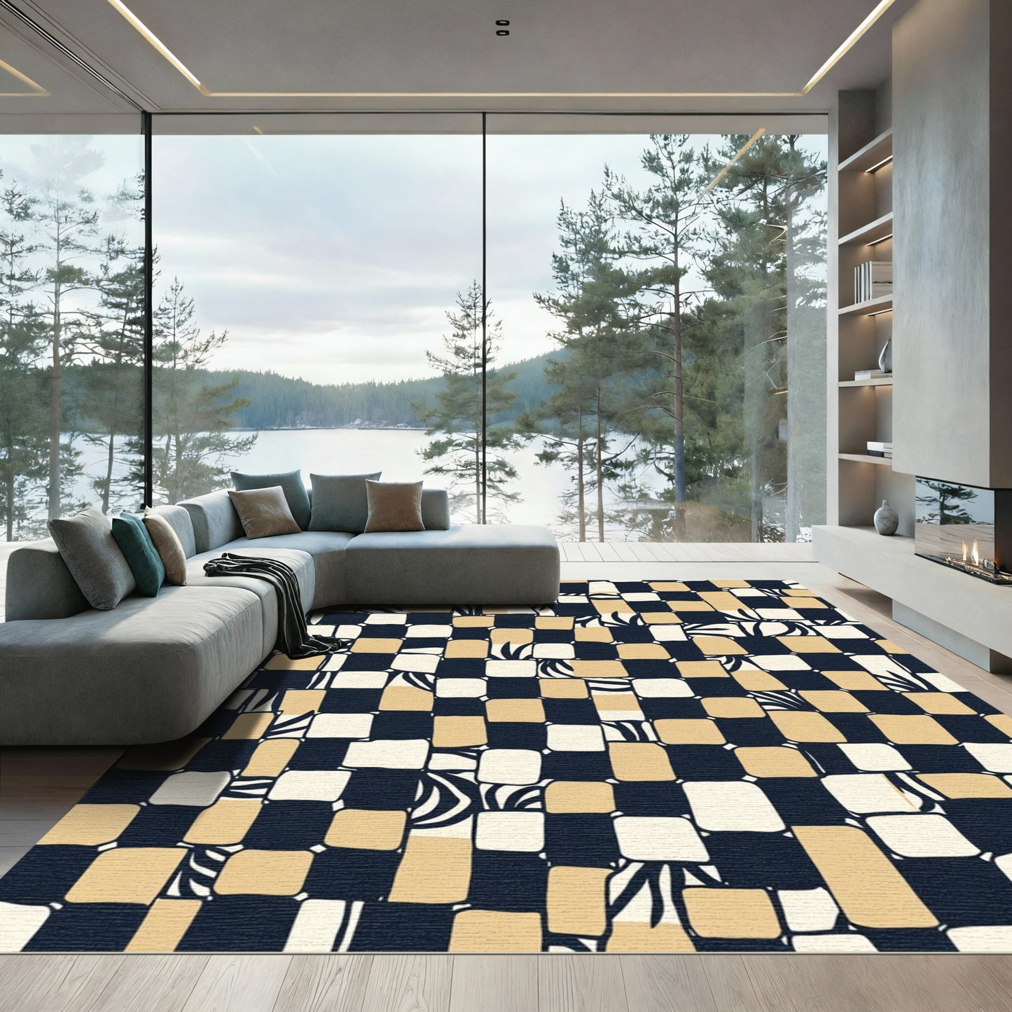Checkerboard Abstract Black Tan Strokes Rug