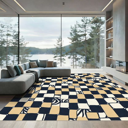 Checkerboard Abstract Black Tan Strokes Rug