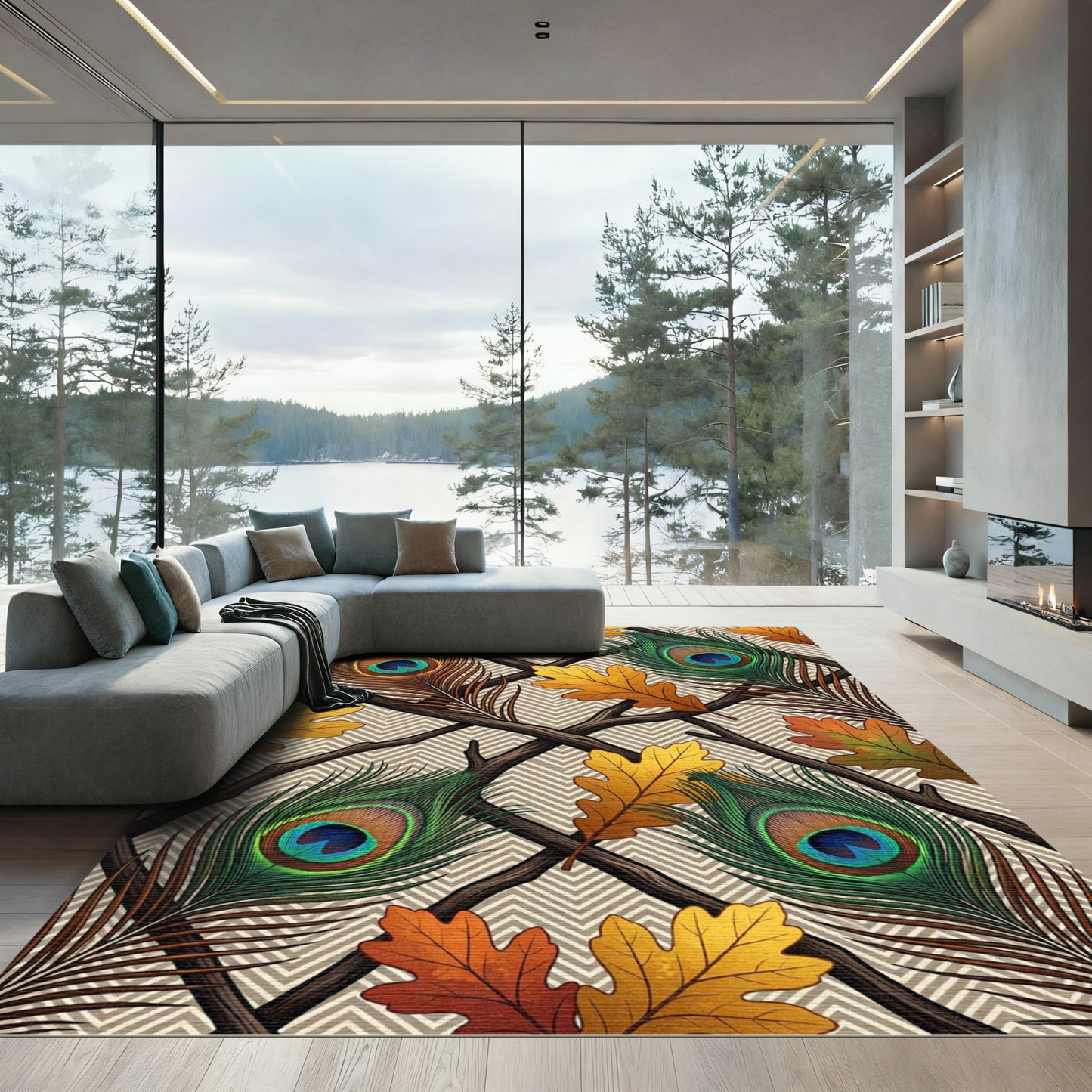 Autumn Oak Leaf and Peacock Feather Rug