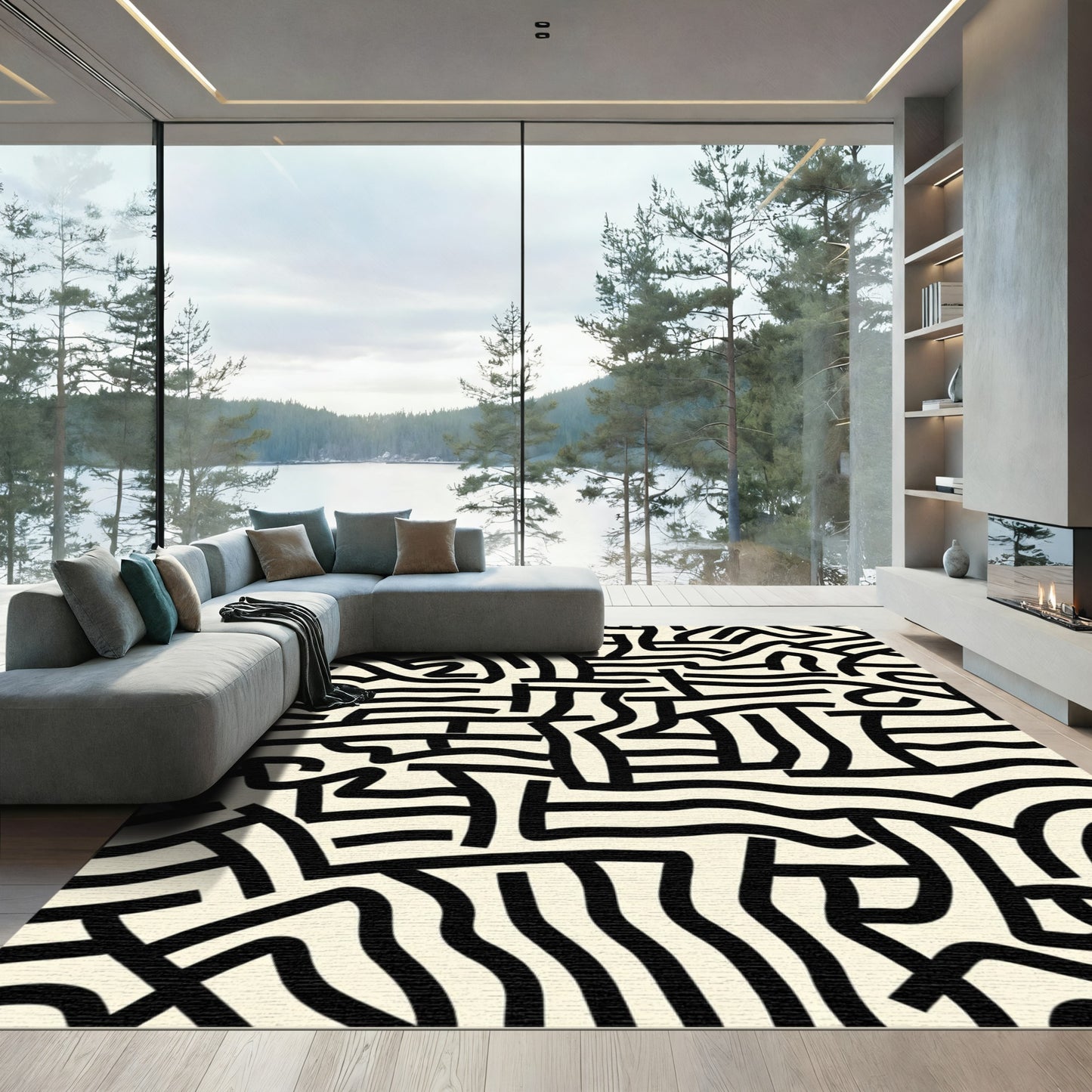 Black Cream Abstract Labyrinth Lines Rug