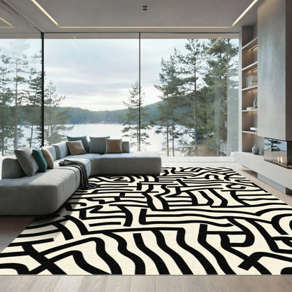 Black Cream Abstract Labyrinth Lines Rug
