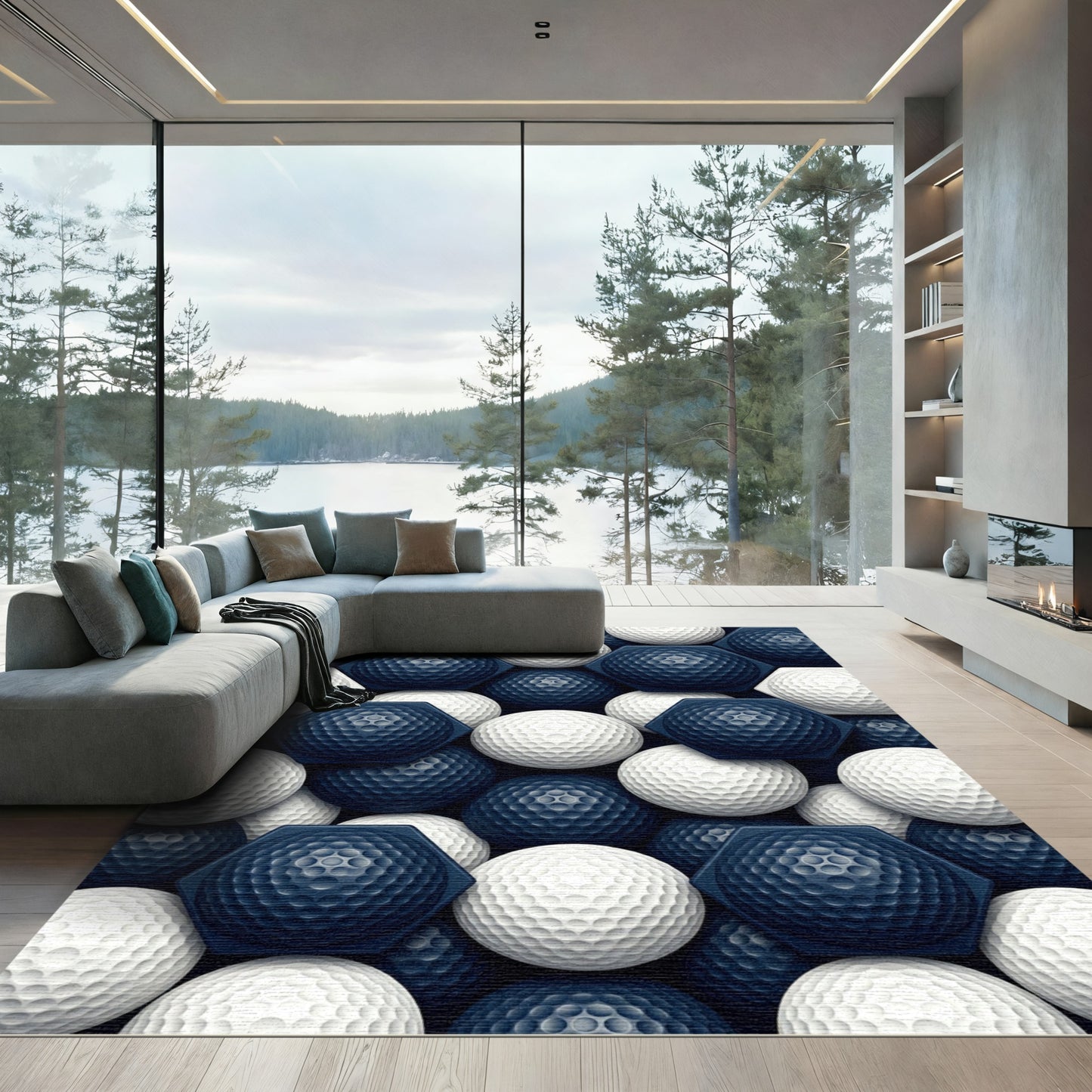 Geometric Navy and White Hexagon Sphere Rug