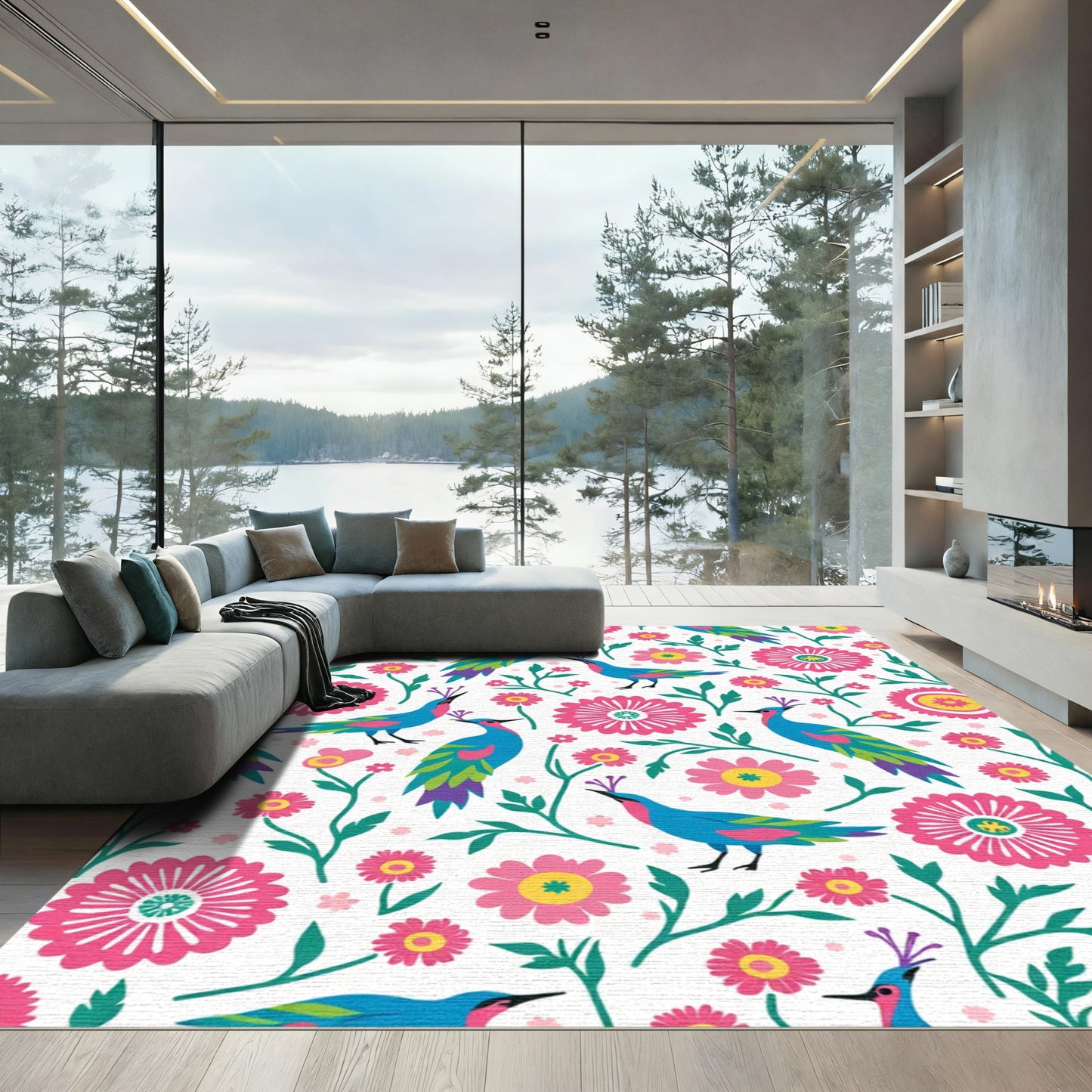 Vibrant Blue Bird Floral Whimsy Rug