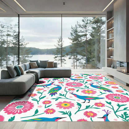 Vibrant Blue Bird Floral Whimsy Rug