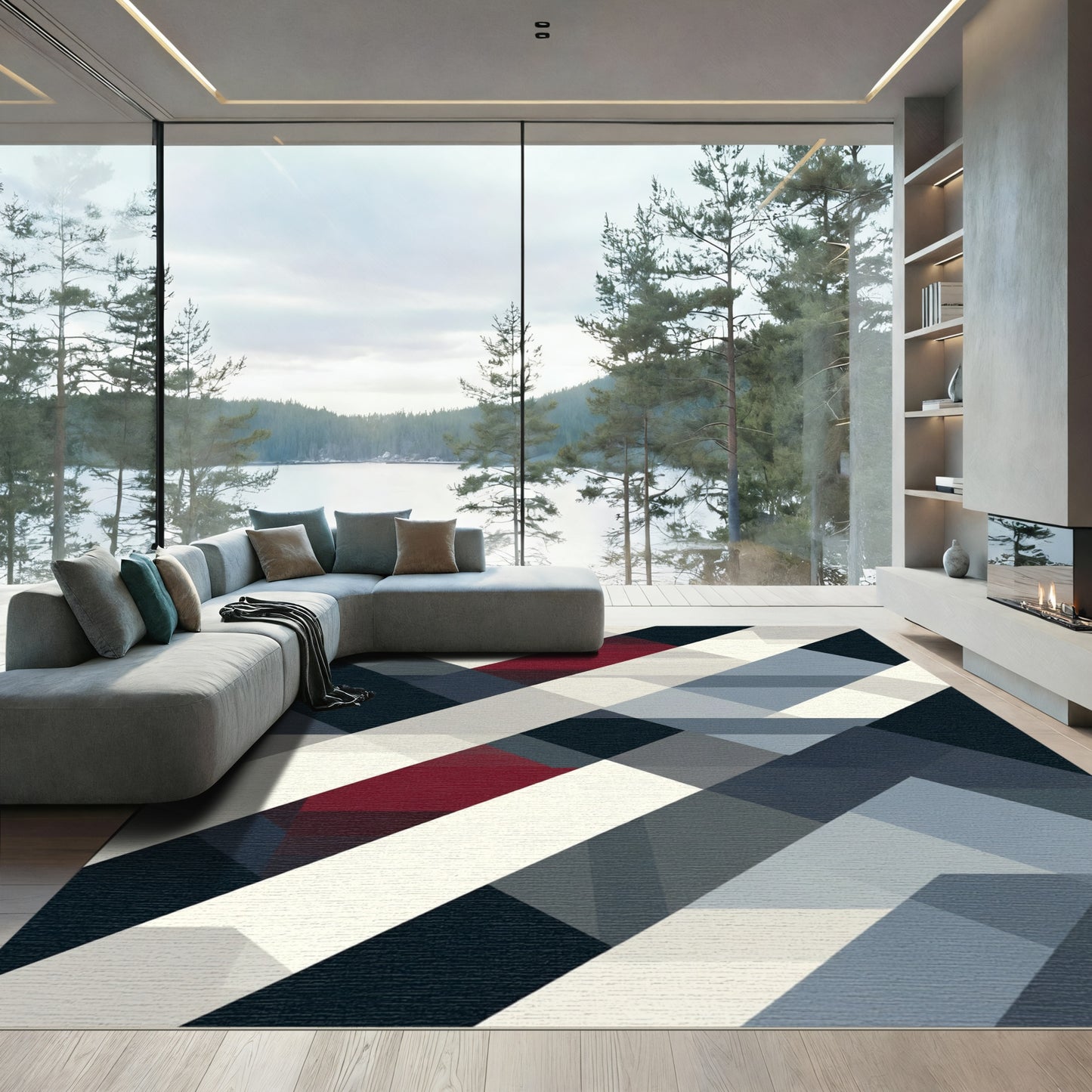 Deep Crimson Geometric Stripe Rug