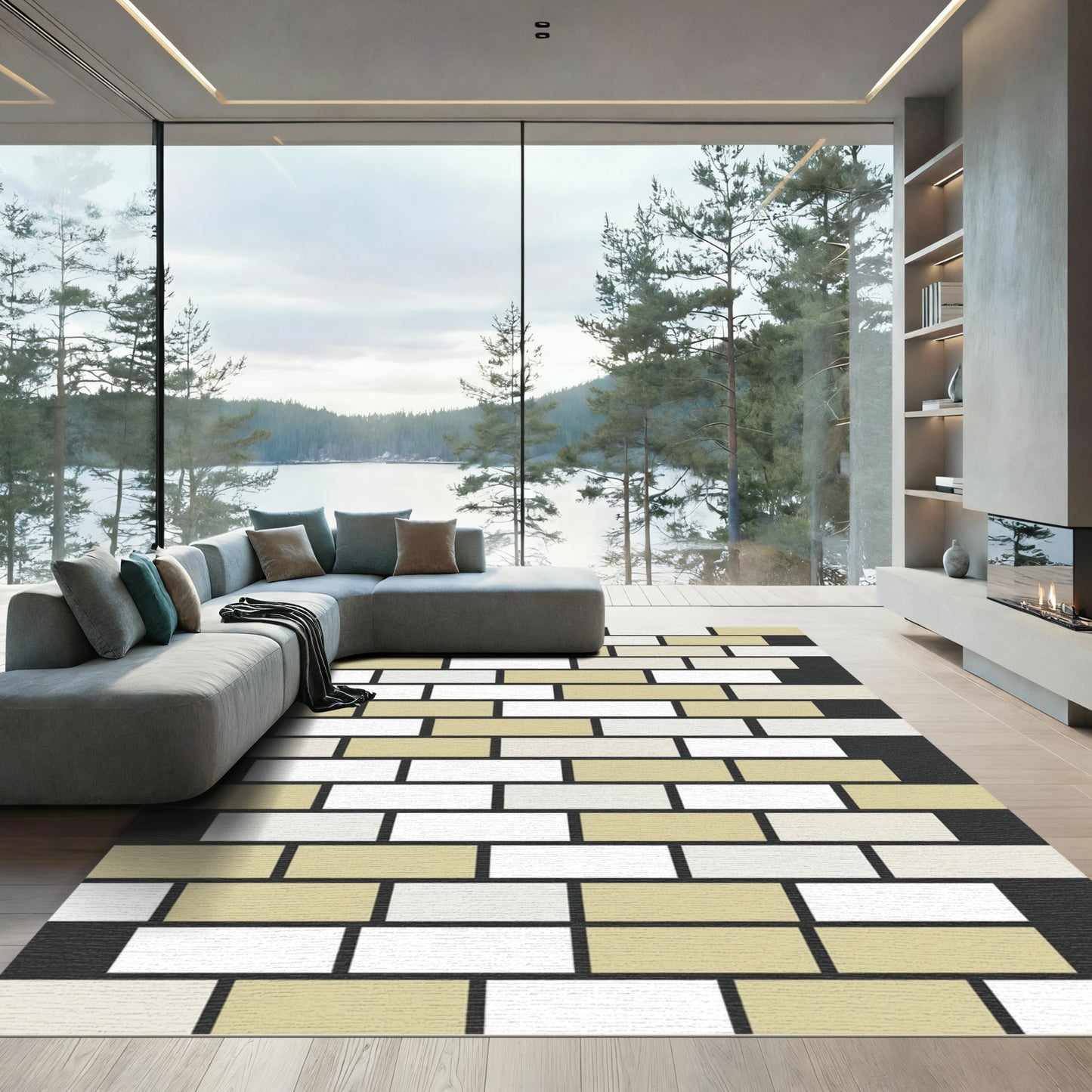 Neutral Geometric Block Grid Rug