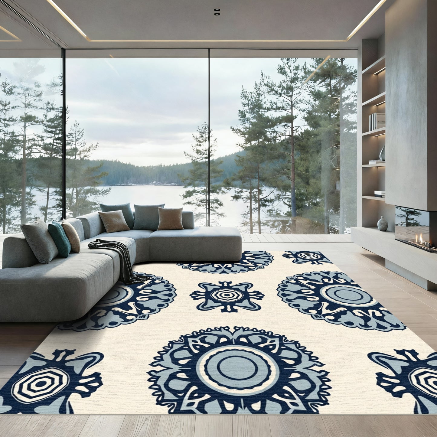 Navy Blue Floral Medallion Arrangement Rug