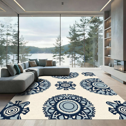 Navy Blue Floral Medallion Arrangement Rug