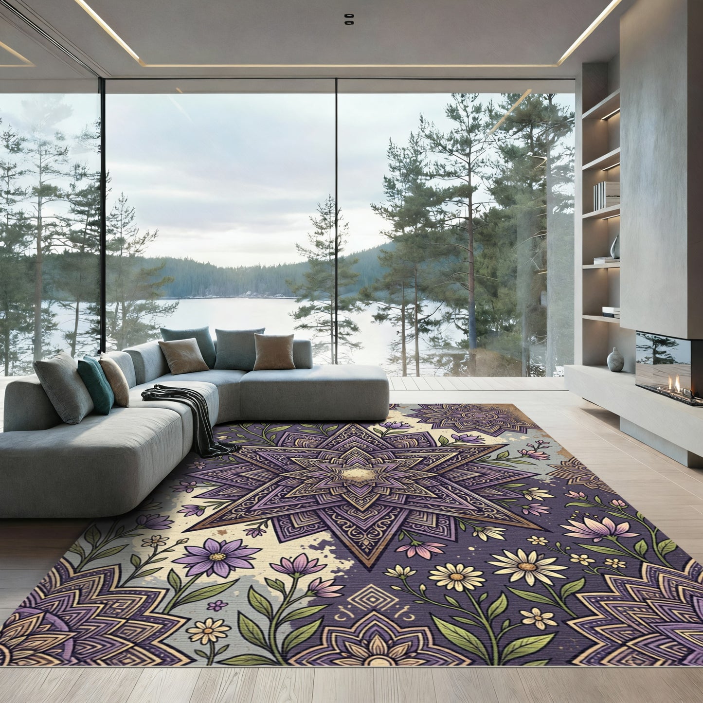Purple Floral Star Medallion Art Rug