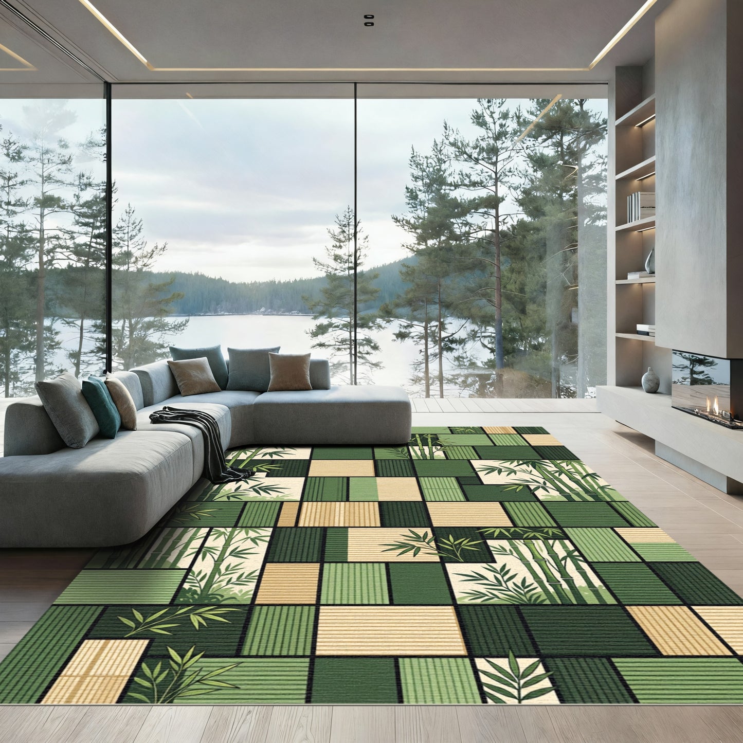 Zen Bamboo Grid Forest Leaf Rug