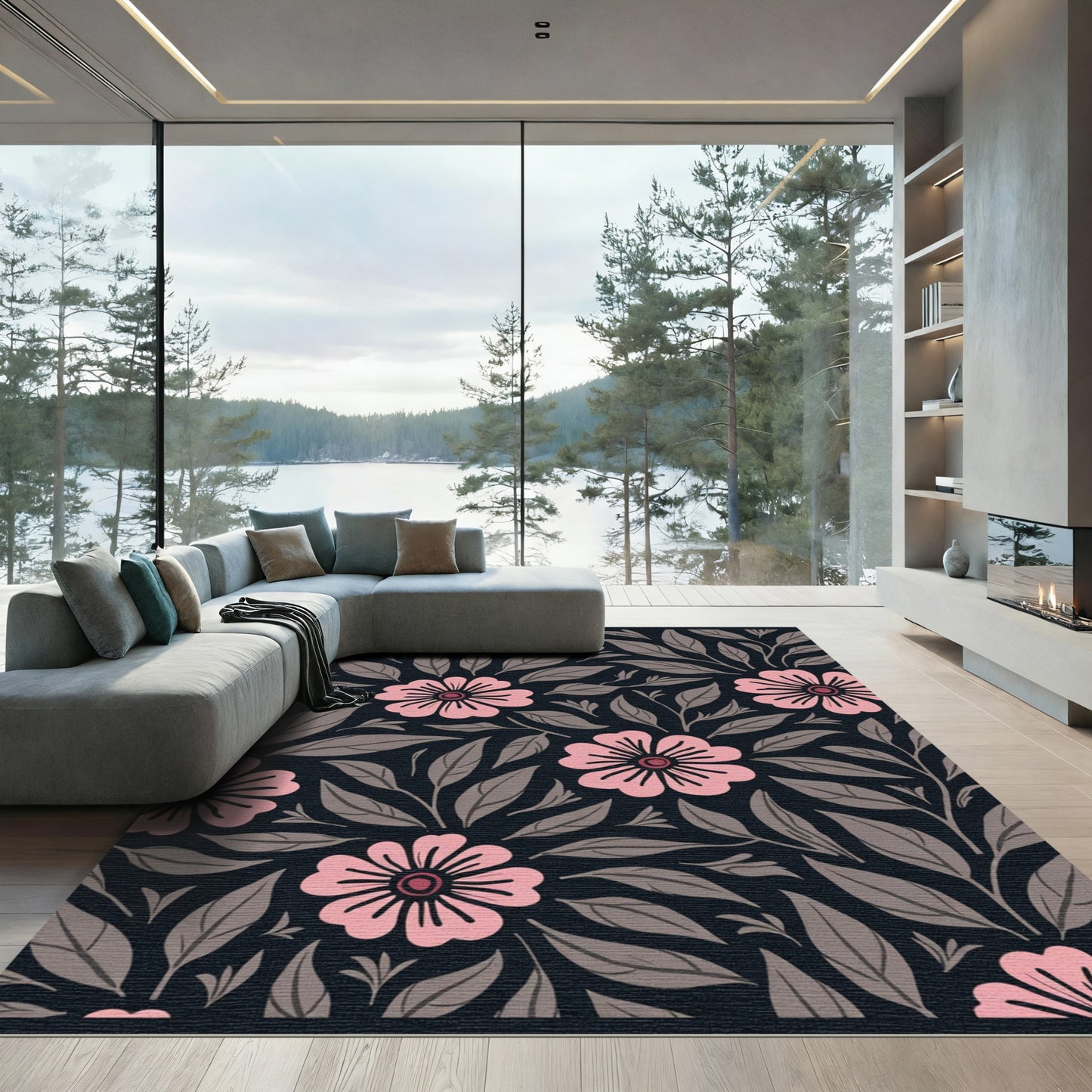 Pink Floral Dark Woodland Garden Rug