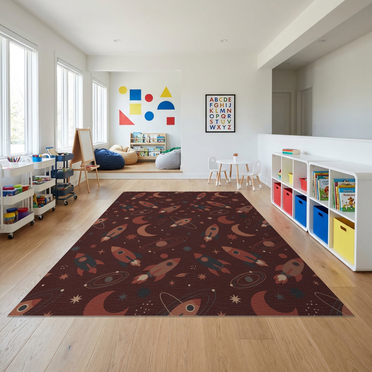 Maroon Cosmic Rocket Moon Star Rug