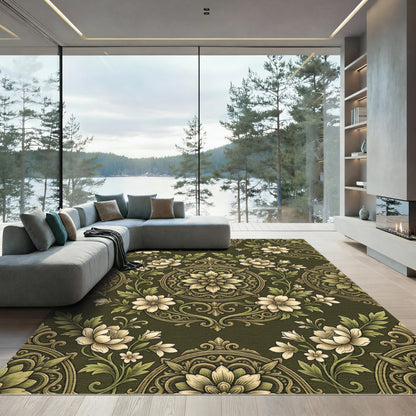 Elegant Olive Green Floral Medallion Rug