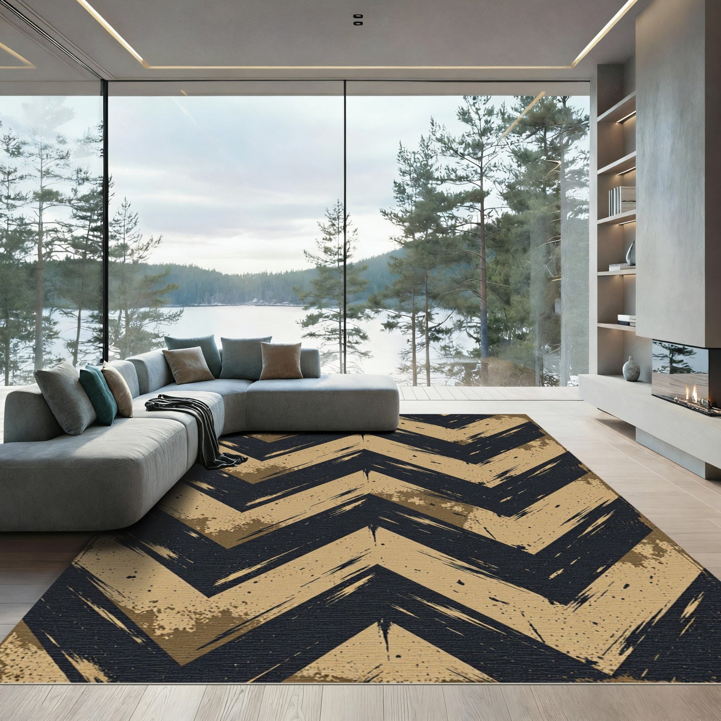 Distressed Black and Gold Chevron Rug