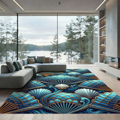 Oceanic Blue Gold Fan Shell Rug