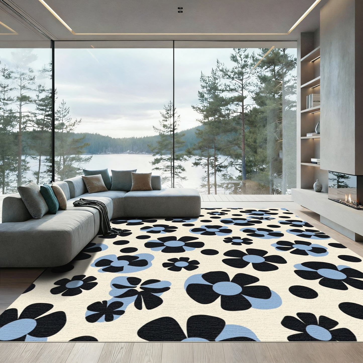 Retro Black Blue Pop Flower Rug