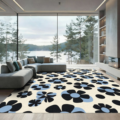 Retro Black Blue Pop Flower Rug