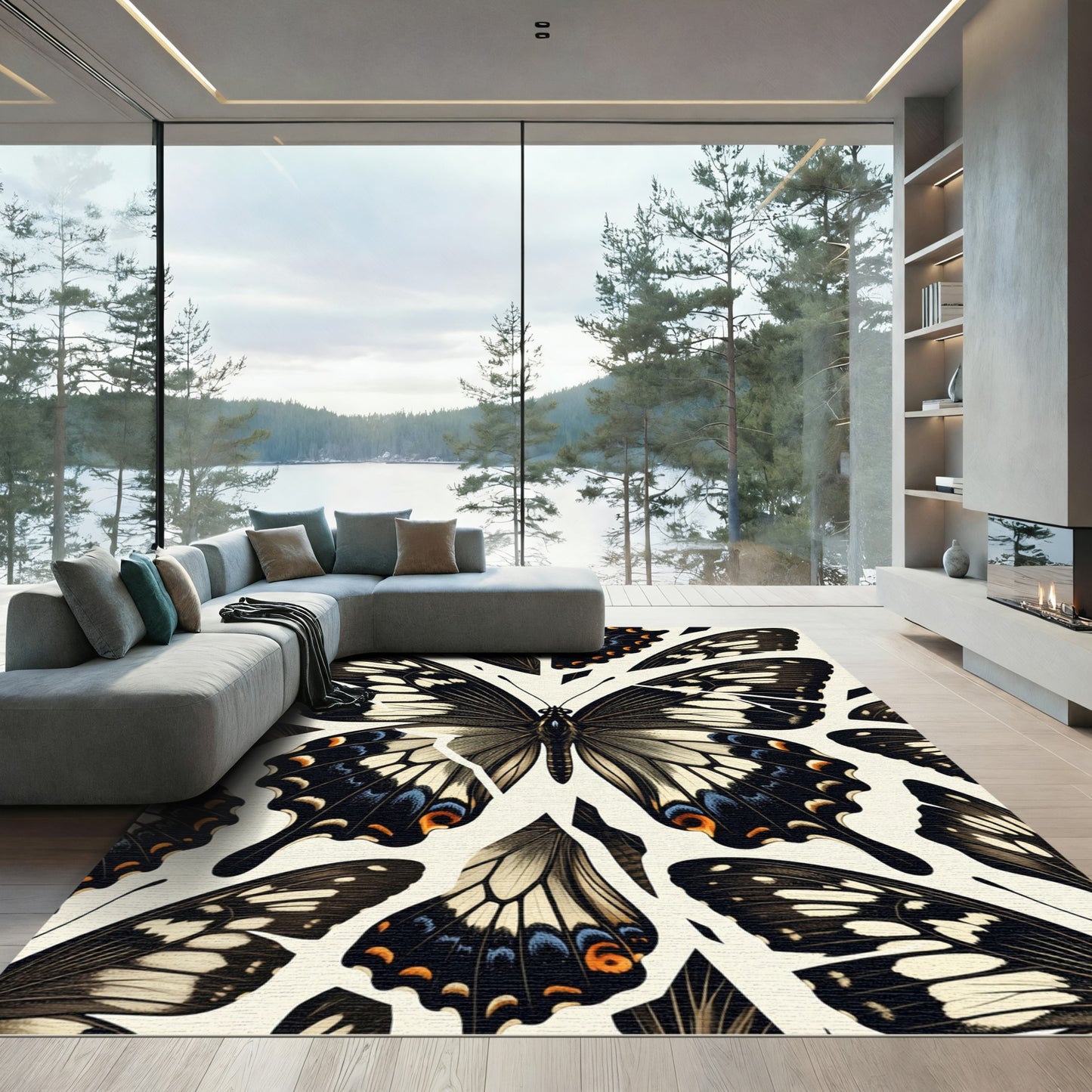 Elegant Monochrome Butterfly Wing Composition Rug