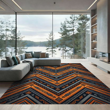 Bold Tribal Orange and Charcoal Chevron Rug