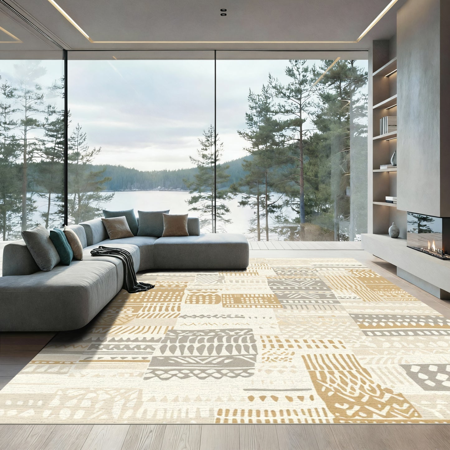 Earthy Neutral Patchwork Geometric Rug