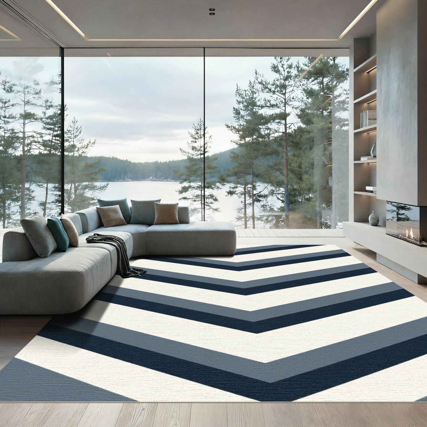 Navy Blue Chevron Zigzag Stripes Rug