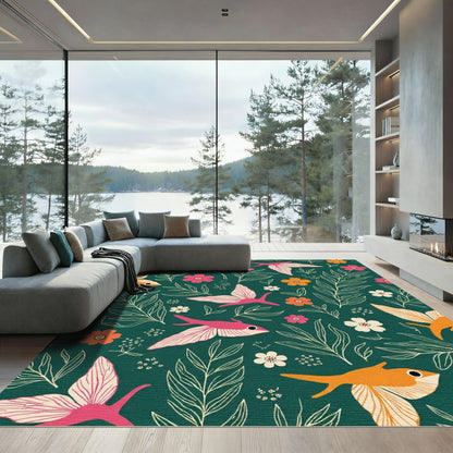 Whimsical Pink Orange Bird Floral Forest Rug