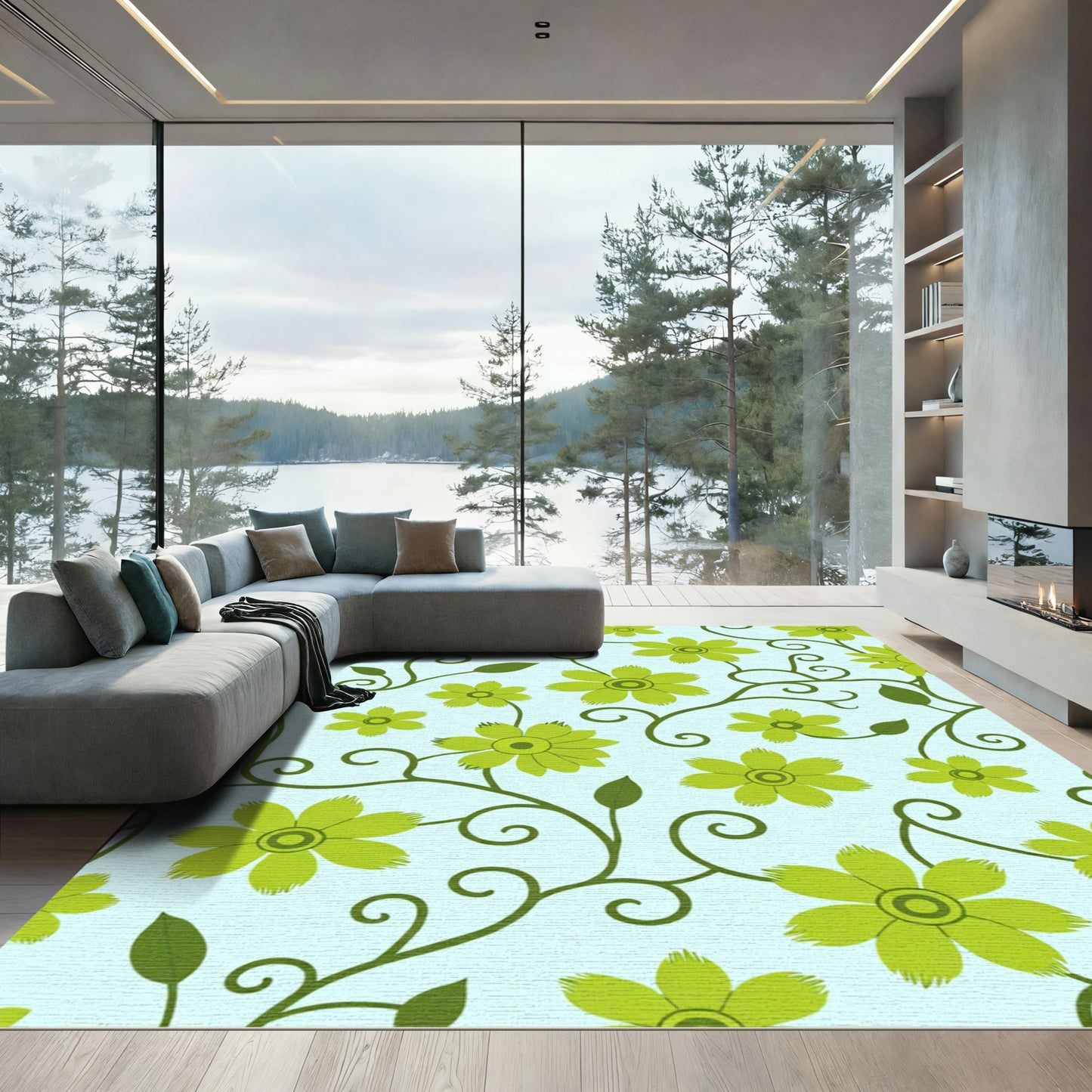Bright Green Floral Vine Scroll Rug