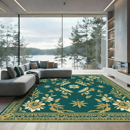 Gold Cream Floral Garden Teal Rug