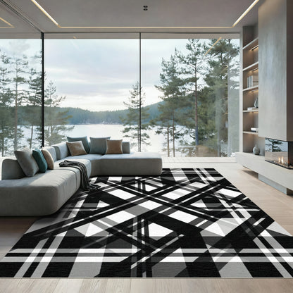 Modern Black and White Plaid Overlay Rug
