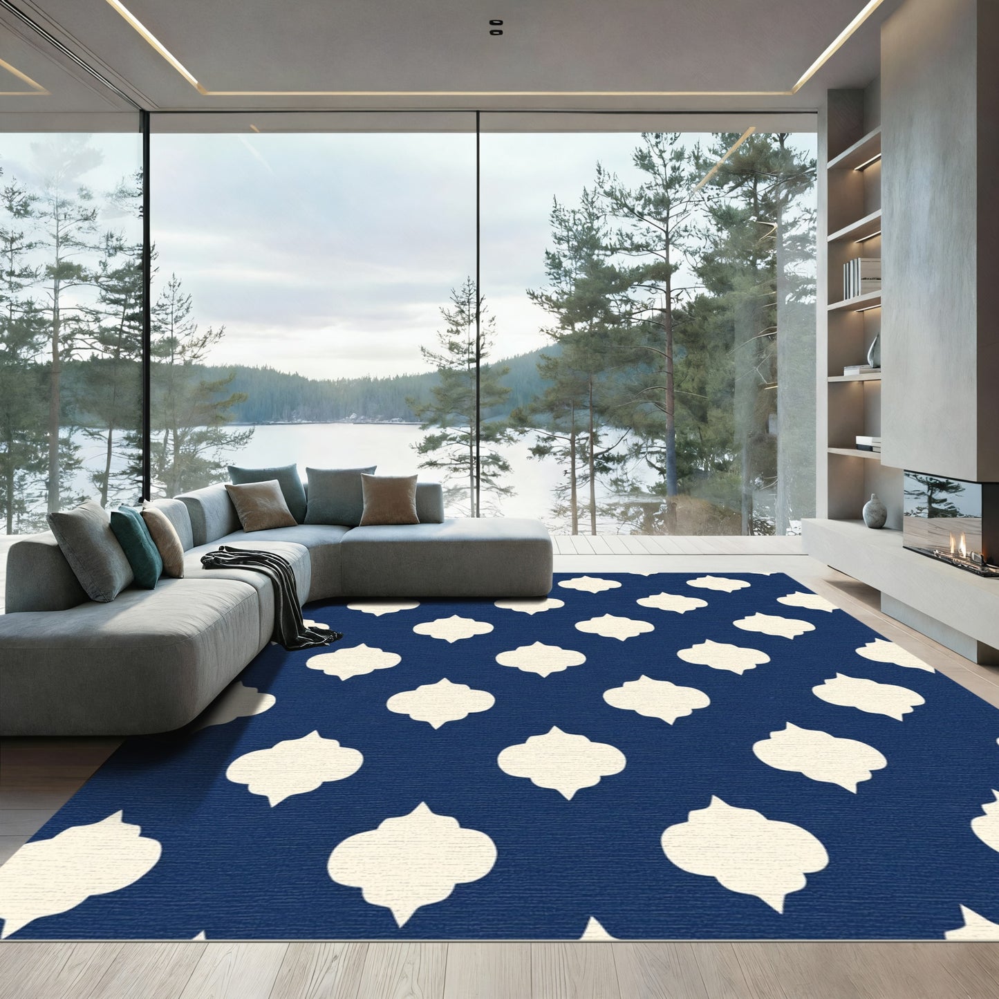 Deep Blue Quatrefoil Lattice Rug