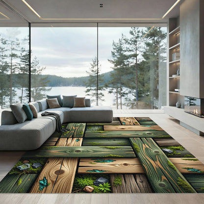 Rustic Mossy Timber Plank Earth Tones Rug