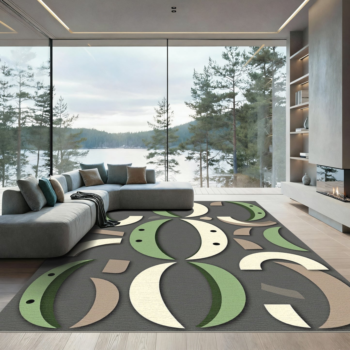 Modern Sage Olive Geometric Crescent Abstraction Rug