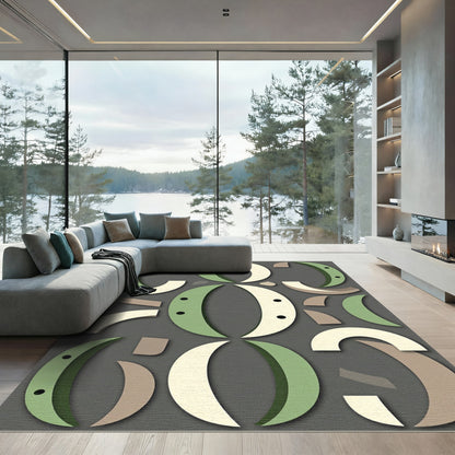 Modern Sage Olive Geometric Crescent Abstraction Rug