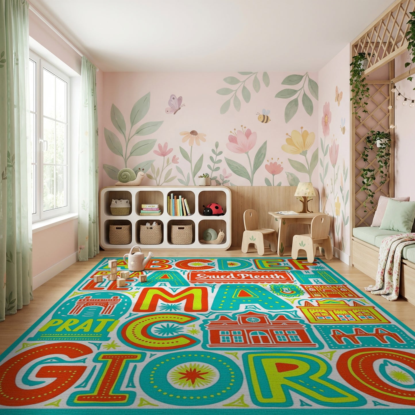 Colorful Oversized Alphabet Buildings Rug