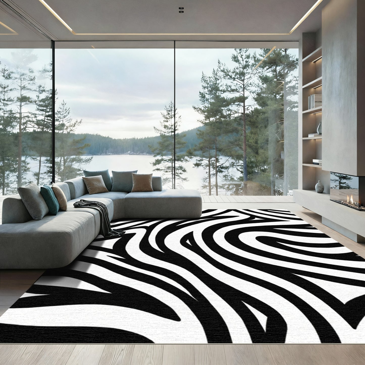 Monochrome Curved Fluid Lines Rug