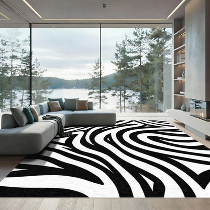 Monochrome Curved Fluid Lines Rug
