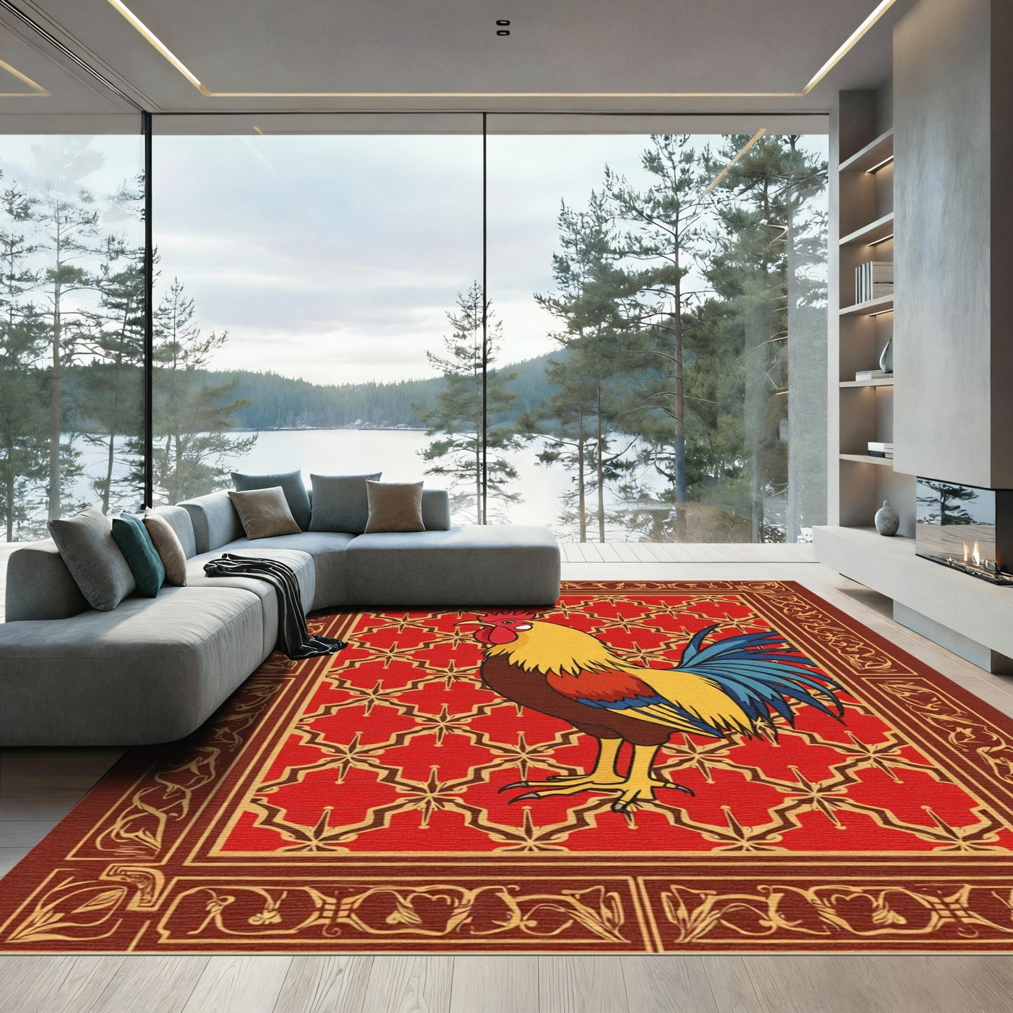 Bold Red Rooster Geometric Tapestry Rug