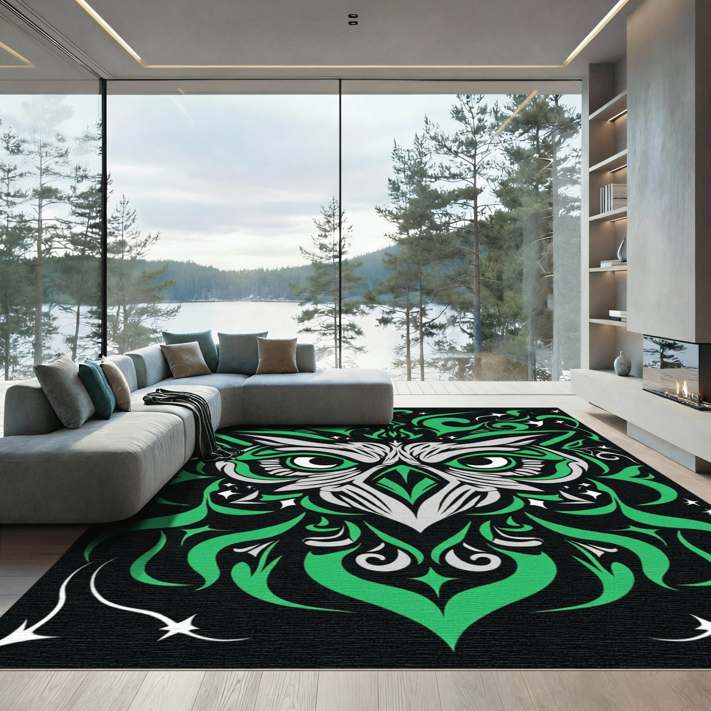 Emerald Green Owl With Swirls Rug